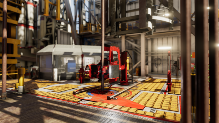 Interior of an industrial facility with machinery and equipment on a grid-patterned floor. The focus is on a central red and black training machine under bright lighting, designed to enhance operator skills.
