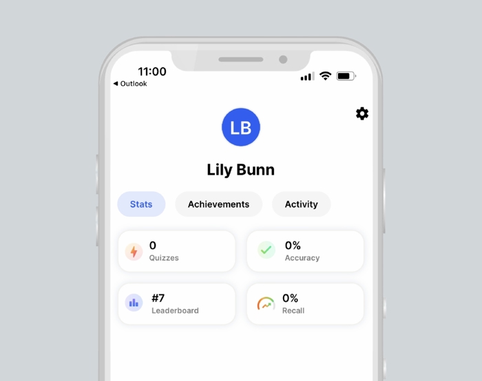 A smartphone screen showing a user profile with the name "Lily Bunn." There are four stats displayed: Quizzes (0), Accuracy (0%), Leaderboard (#7), and Recall (0%).