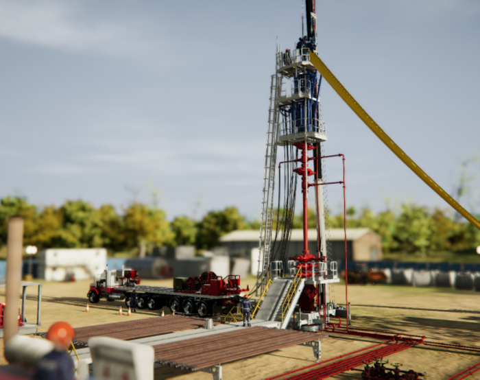 A drilling rig operates in a field with equipment and trucks around, while workers in safety gear manage the site.